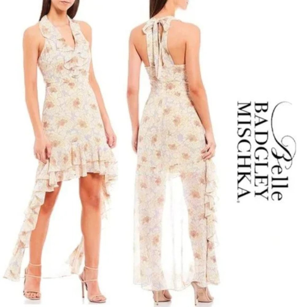 Belle Badgley Mischka Dress Naty Halter Floral Blush Ruffle High Low .NWT